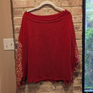 Red Long Sleeve Top with Floral Sleeve Accents